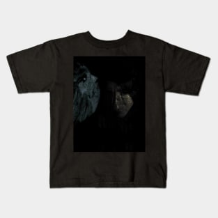 Portrait, collage, special processing. Man, dark costume, long hair, looking down. On left demon of gold. Very desaturated. Kids T-Shirt